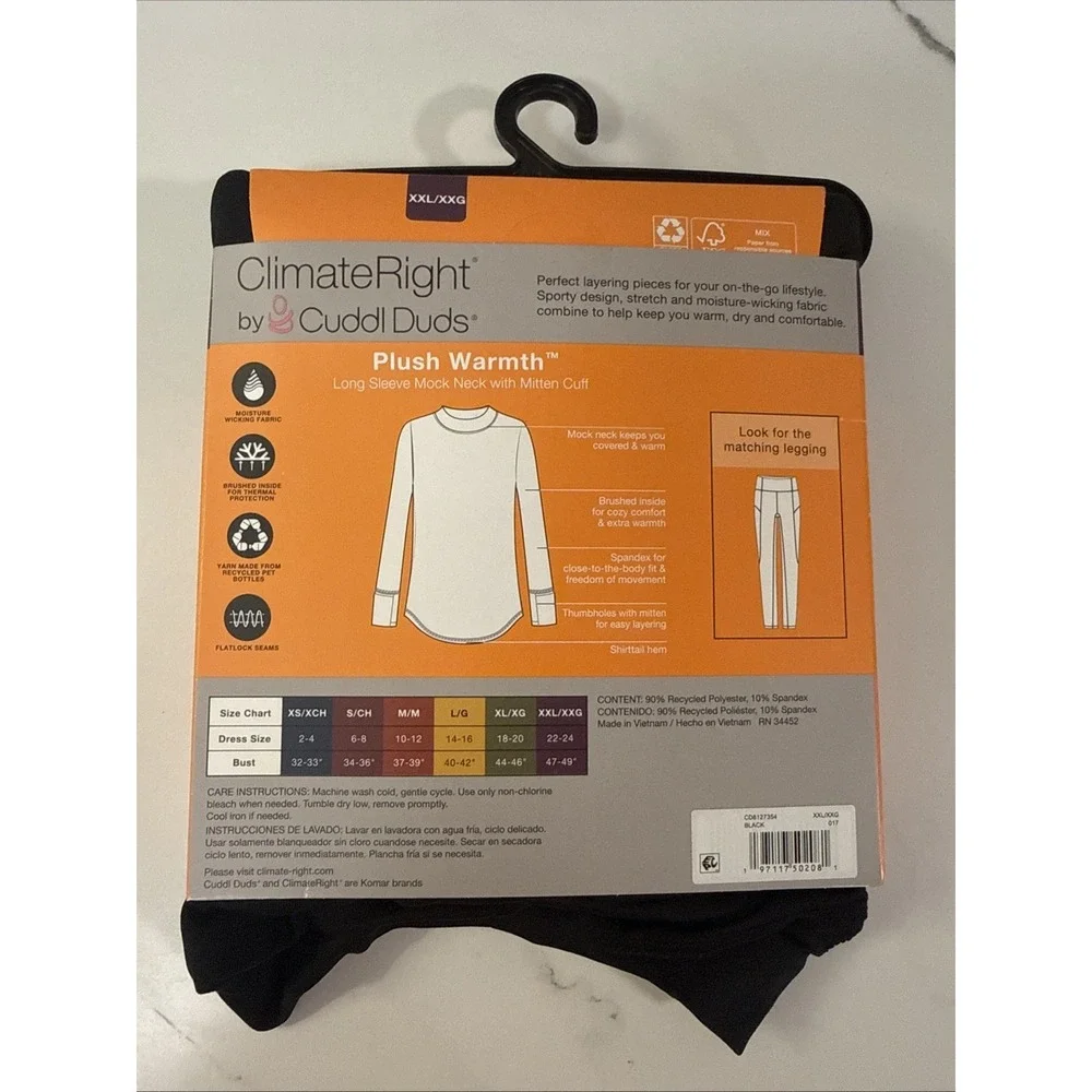 Climate Right Cuddl Duds Women's Long Sleeve Mock‎ Neck Size XXLarge Black NWT